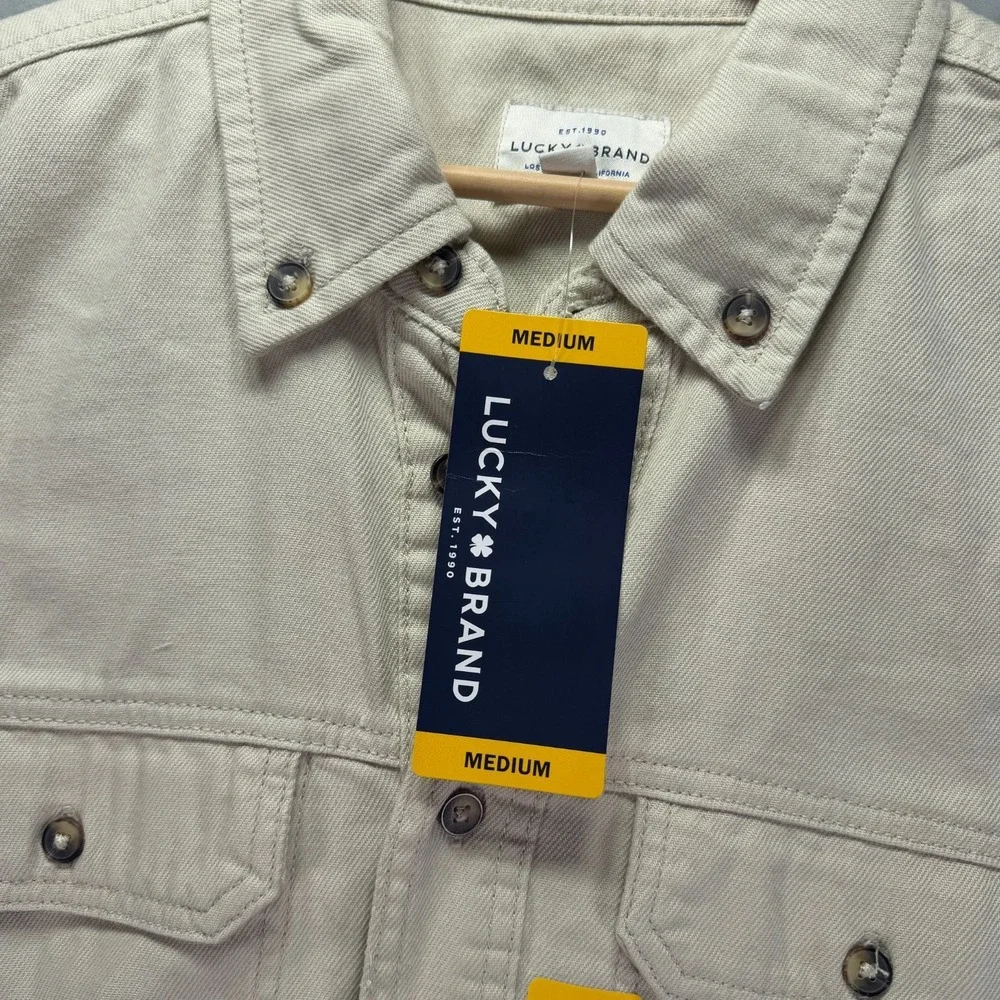Lukcy Brand Button Down Shirt Men Medium Beige Twill Long Sleeve Heavy Thick NWT